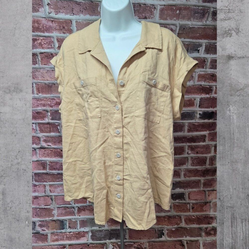 Isabel Maternity Linen Button-Up Shirt‎ Large Taupe V Neck Short Sleeve Collared